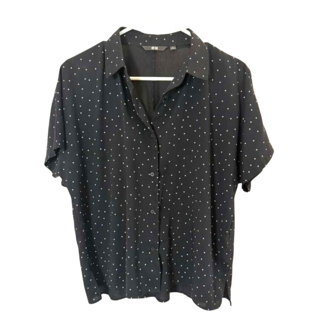 Uniqlo Rayon Blouse | Short Sleeve | mini dot print in Black sz. S - Picture 2 of 9